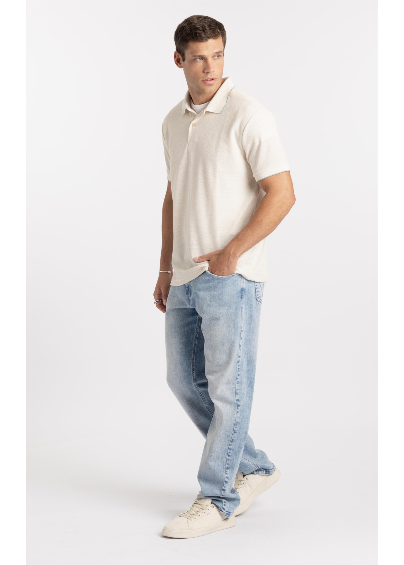Polo Malha Favo Easa Friso Classic Off White