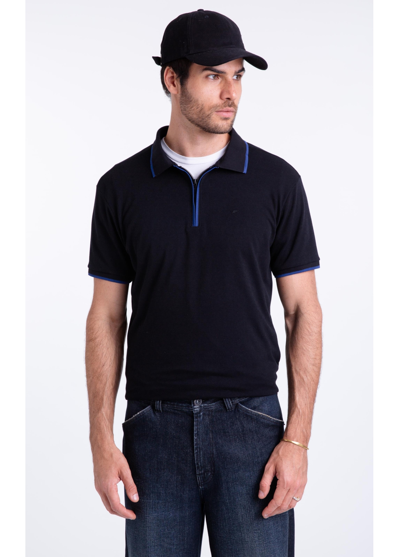 Polo Piquet Ly Zipper Stripes Easa Mc Preto