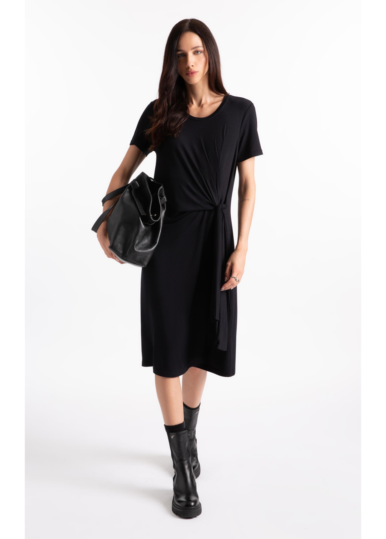 Rib Texturizado Vestido Longo Preto