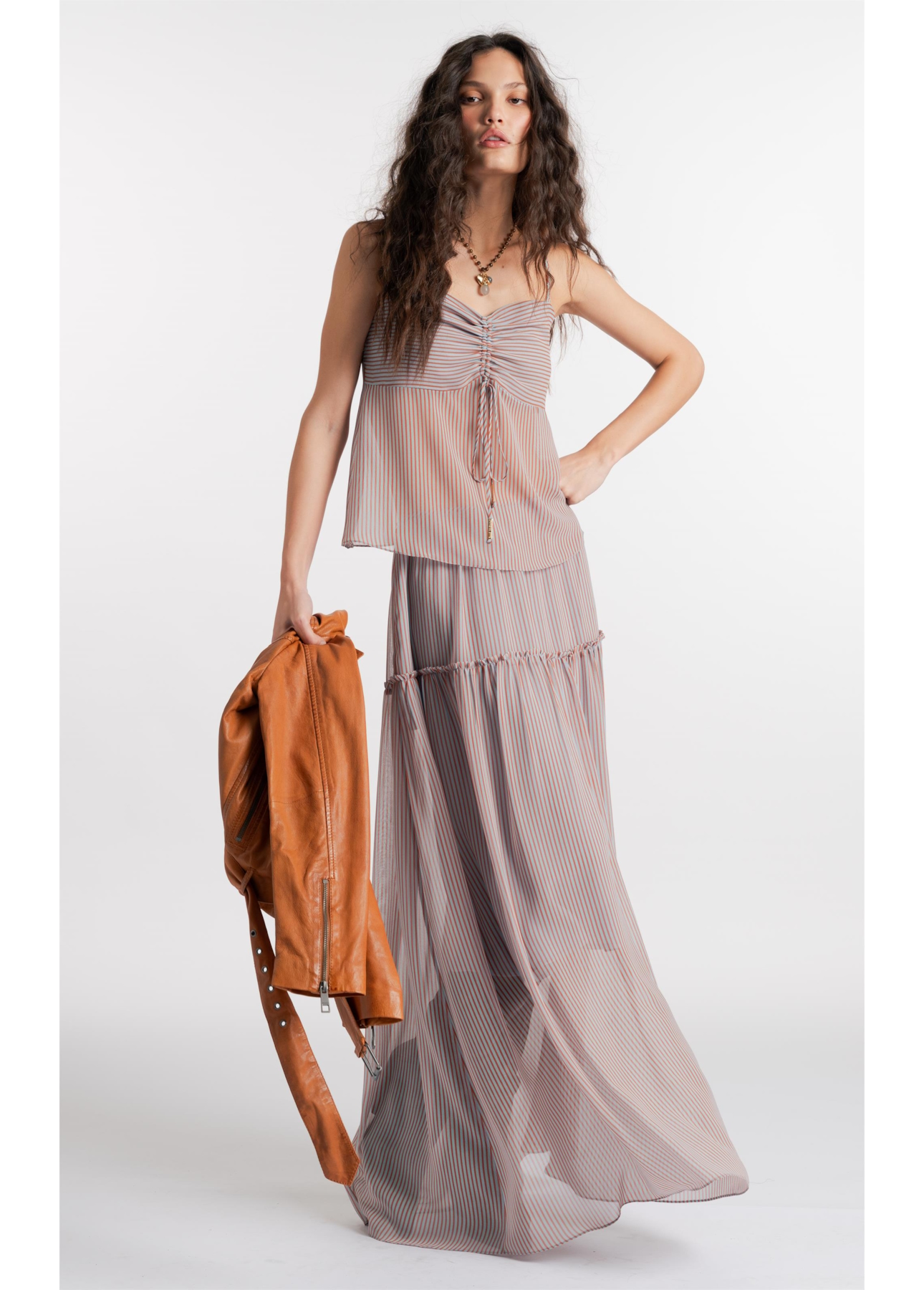 Saia Chiffon Stripes Fluid Azul Claro