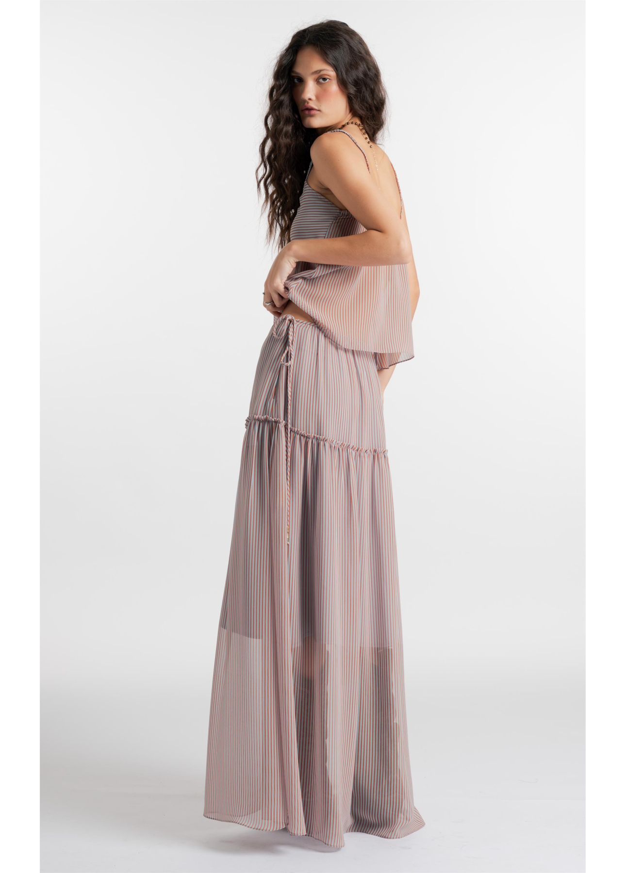 Saia Chiffon Stripes Fluid Azul Claro