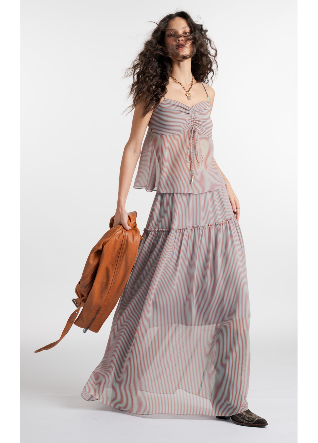 Saia Chiffon Stripes Fluid Azul Claro