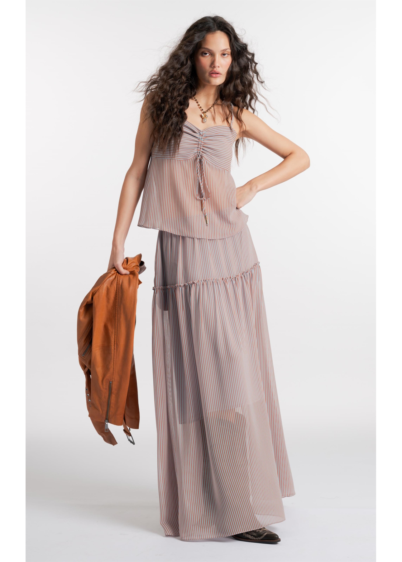 Saia Chiffon Stripes Fluid Azul Claro