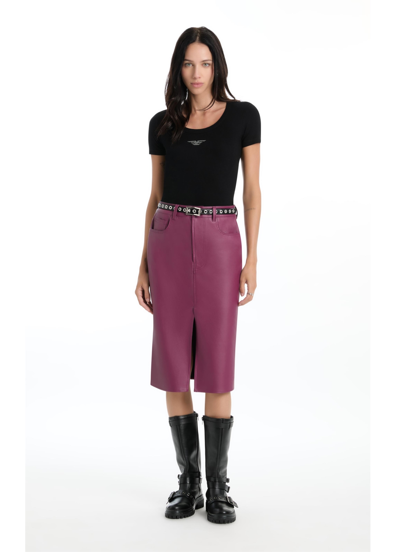 Saia Leather Like Slit Midi Beringela