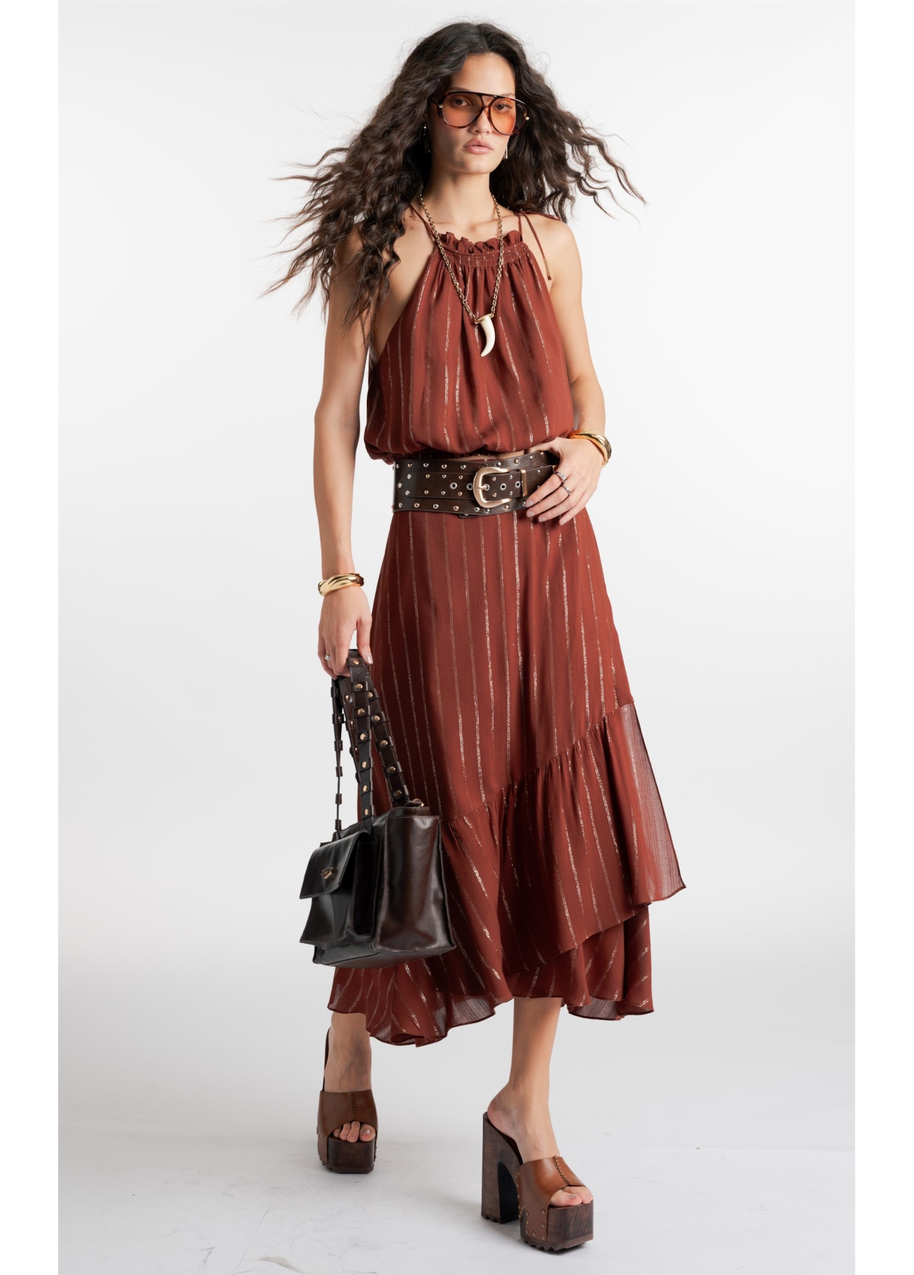 Saia Lurex Wrap Skirt Marrom