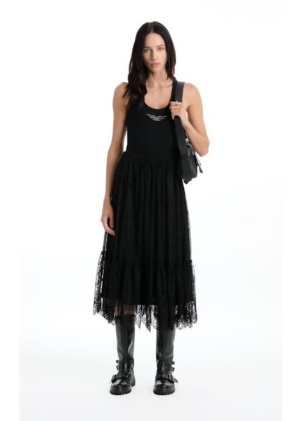 Saia Renda Bicos Lady Rock Midi Preto