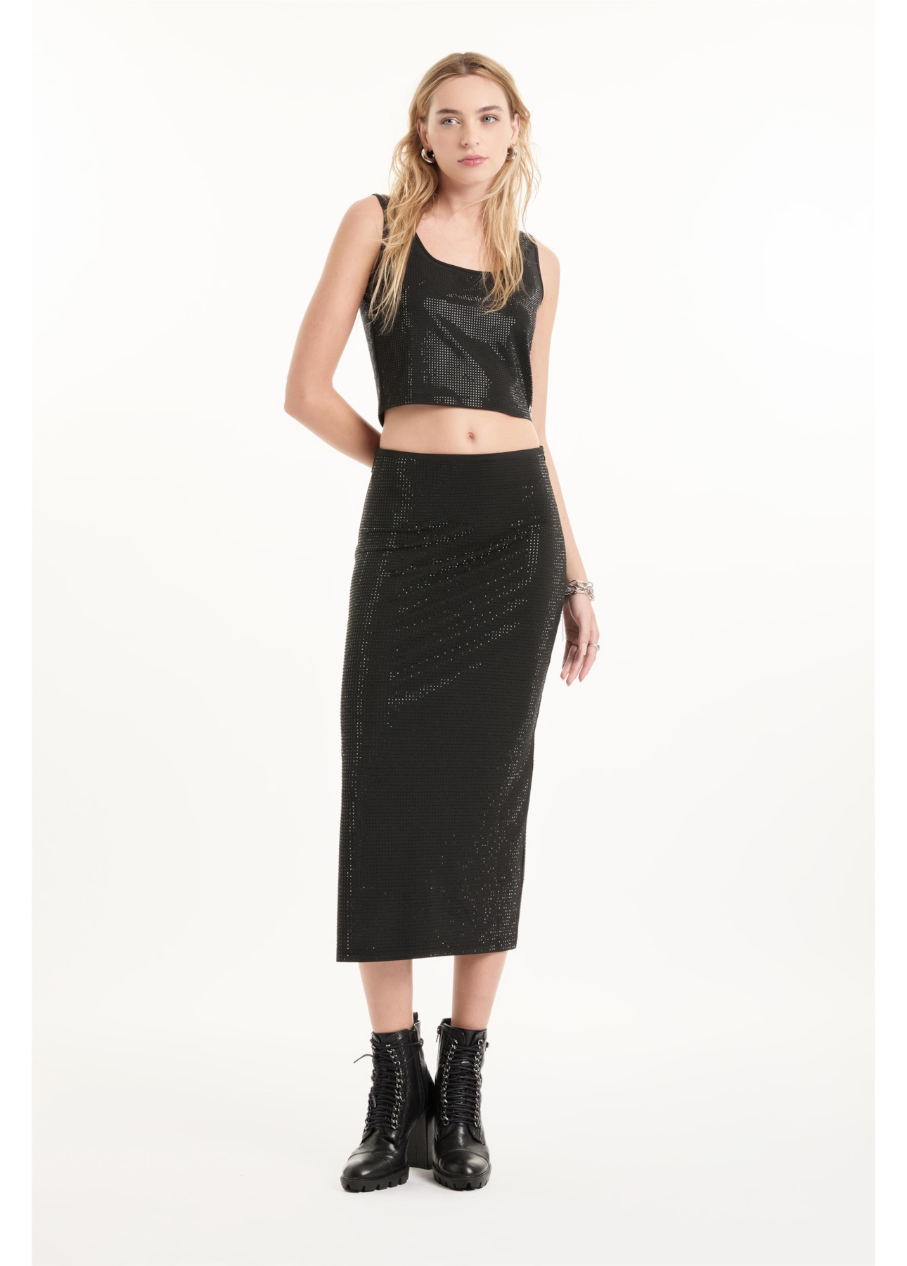 Saia Shine Hotfix Straight Skirt Preto