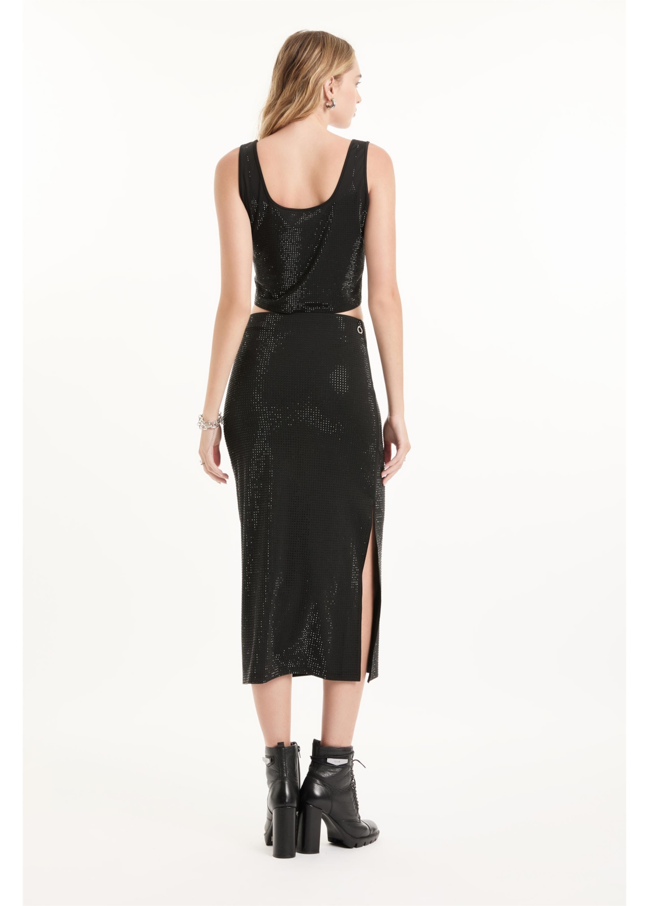 Saia Shine Hotfix Straight Skirt Preto