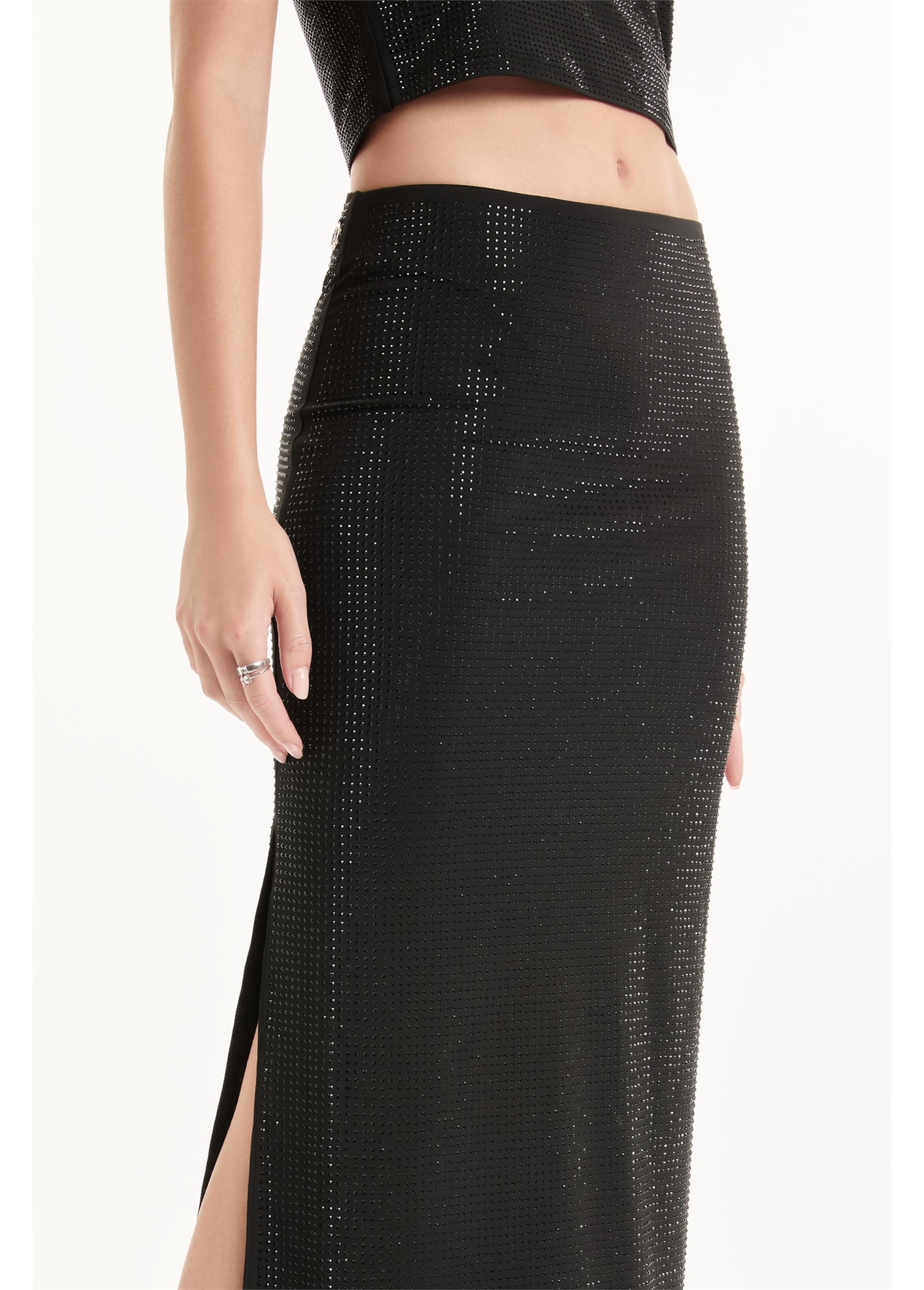 Saia Shine Hotfix Straight Skirt Preto