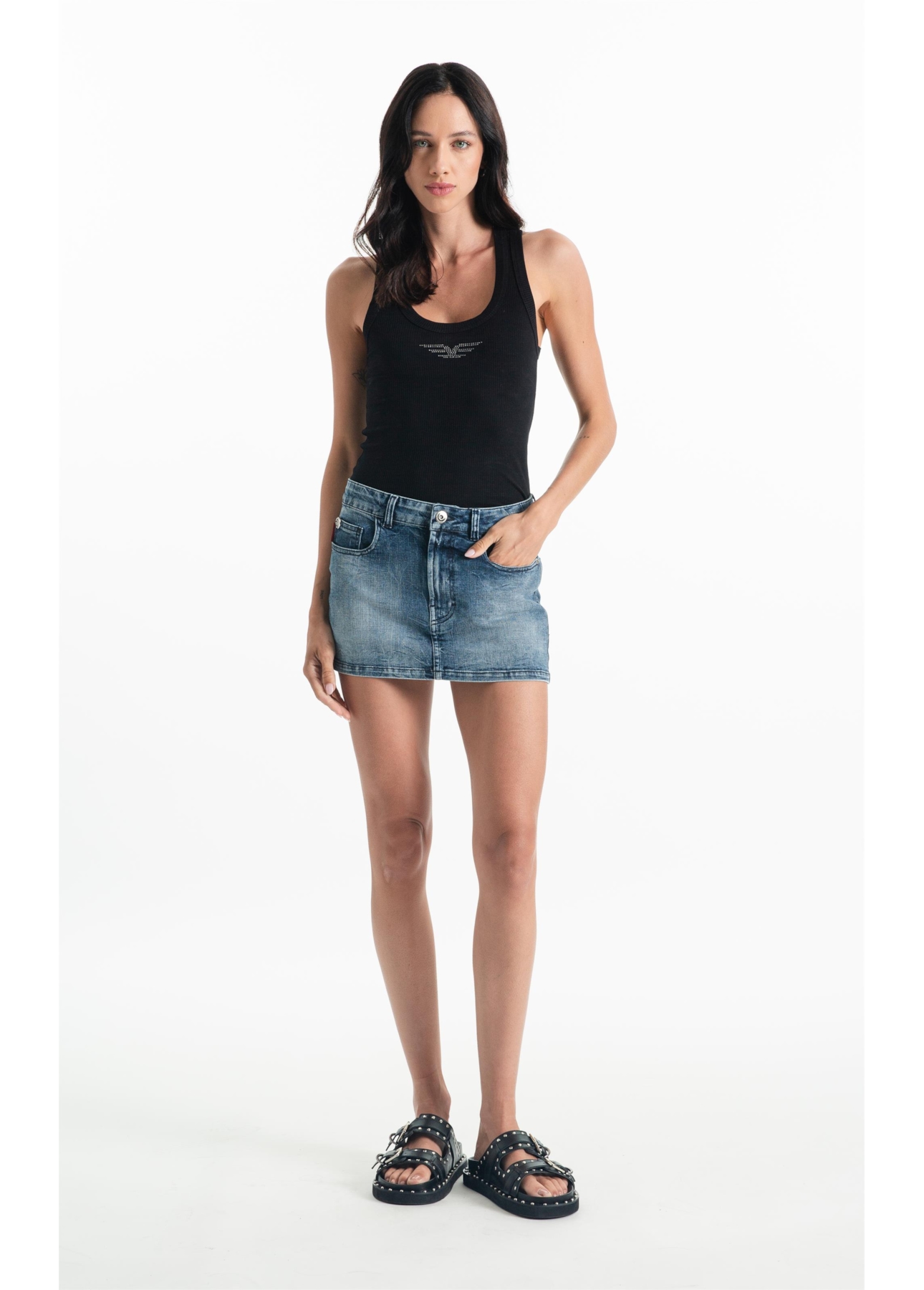 Saia Visco Indigo Elastic Mini  Lav.Medio Com Sky e Rede