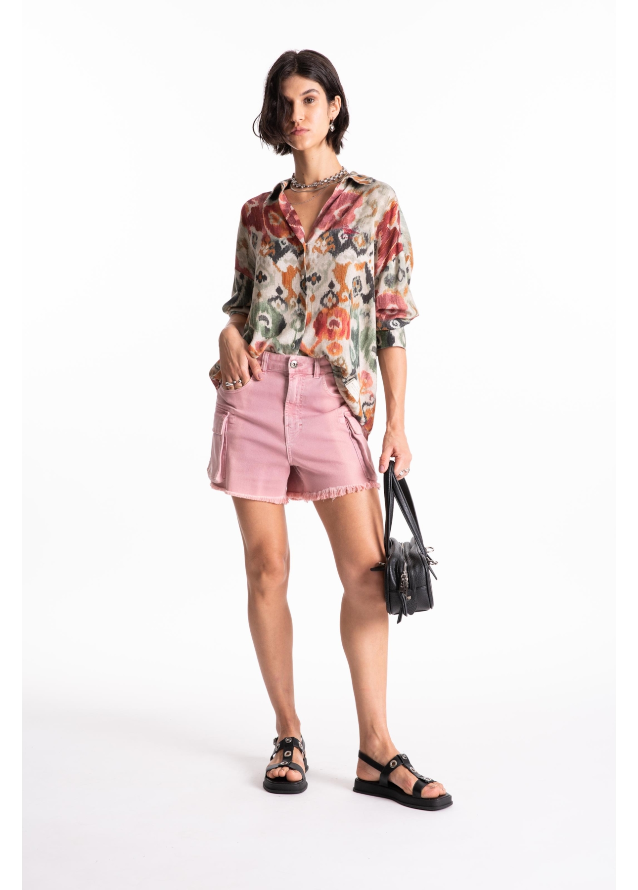 Short Vintage Denim Color Cargo Rosa Velho