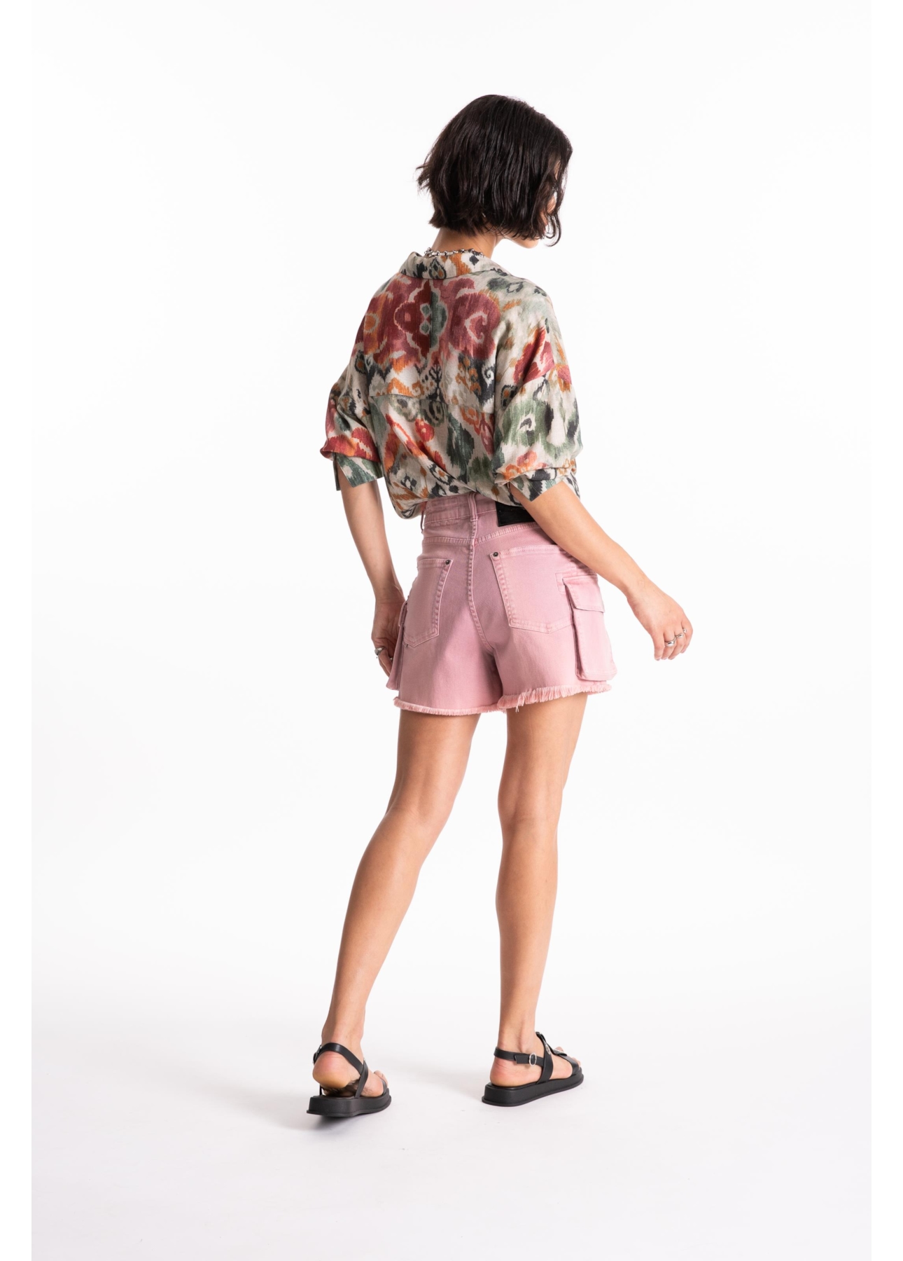 Short Vintage Denim Color Cargo Rosa Velho