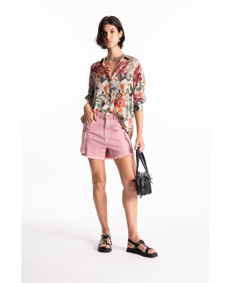 Short Vintage Denim Color Cargo Rosa Velho