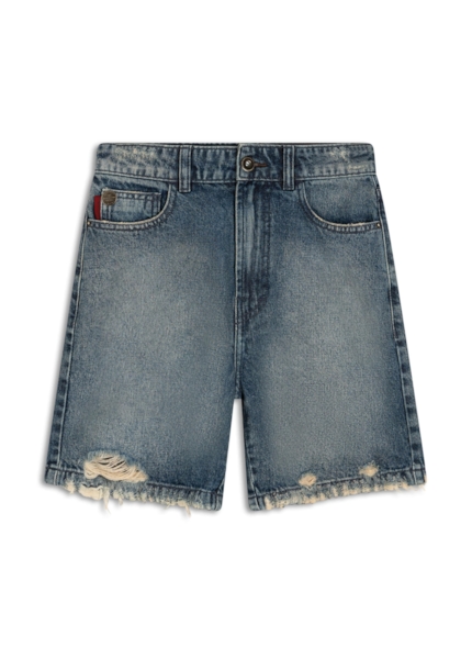 Short Vintage Denim Urban Western Médio C/ Puídos e Matriz