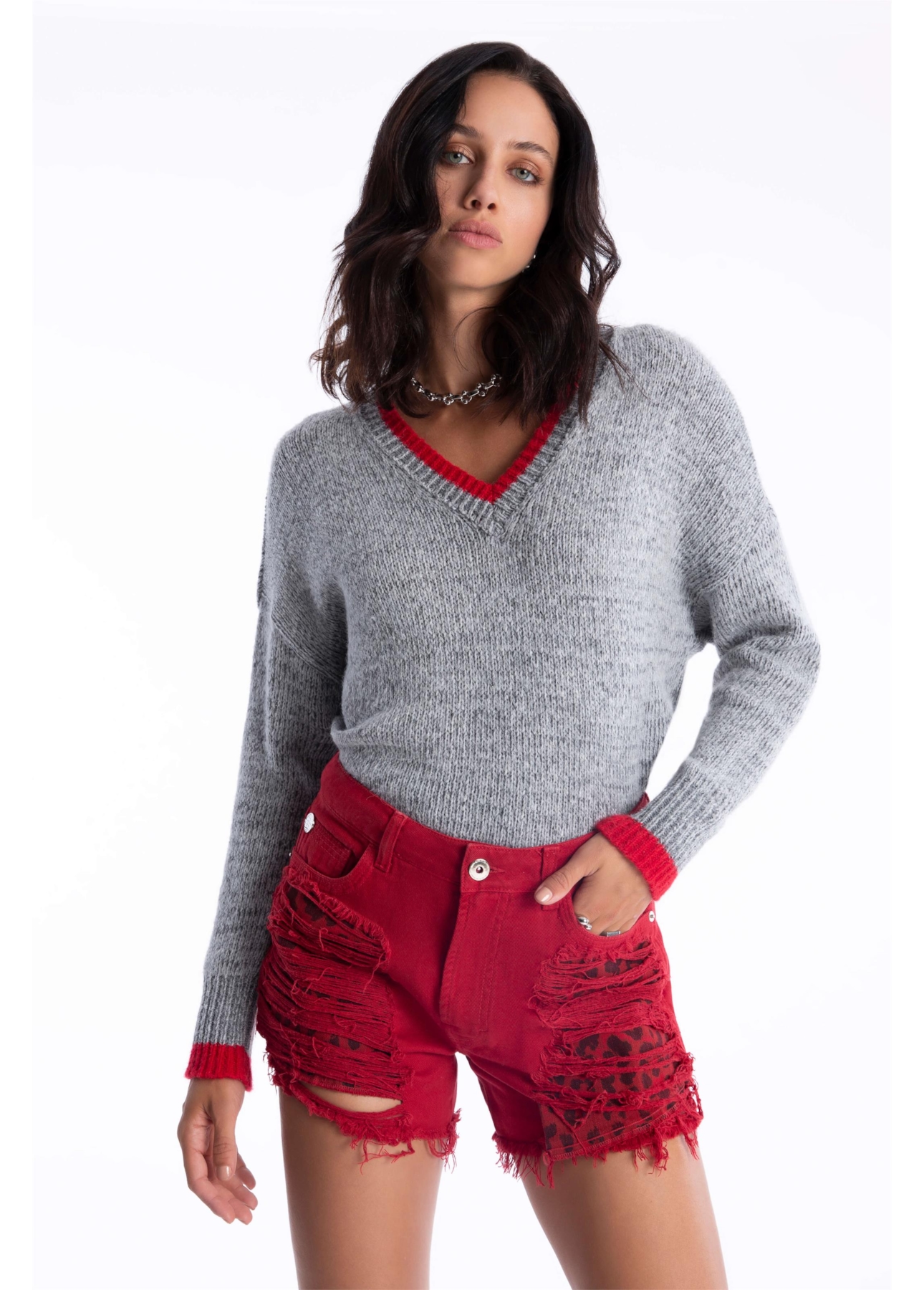 Short White Denim Leopard Cereja