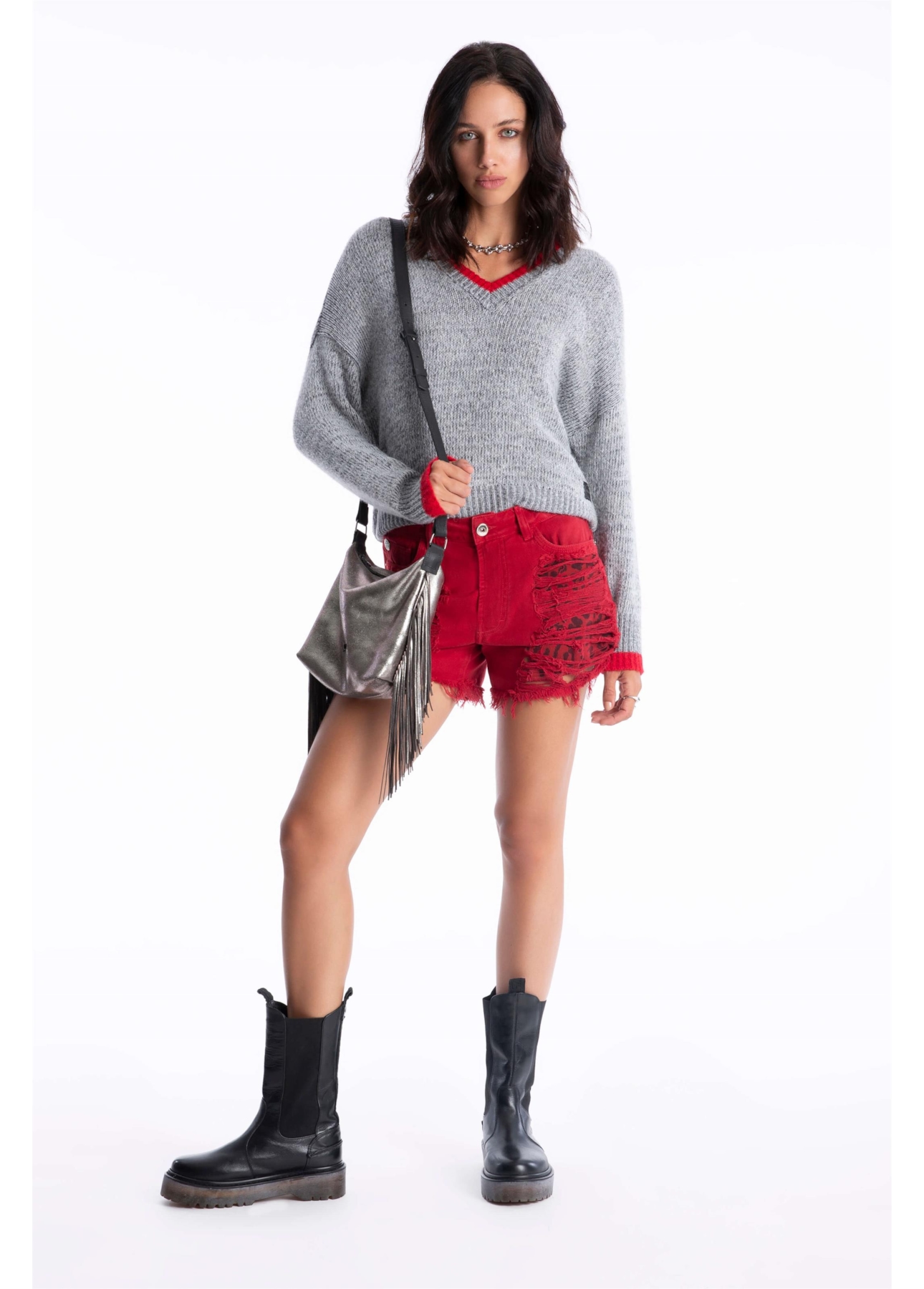 Short White Denim Leopard Cereja