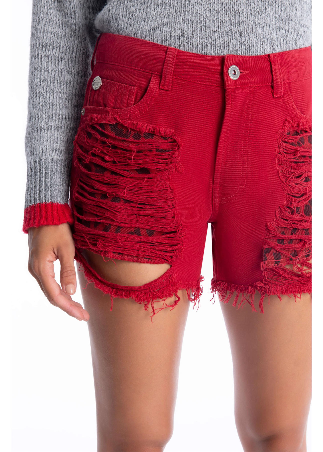 Short White Denim Leopard Cereja