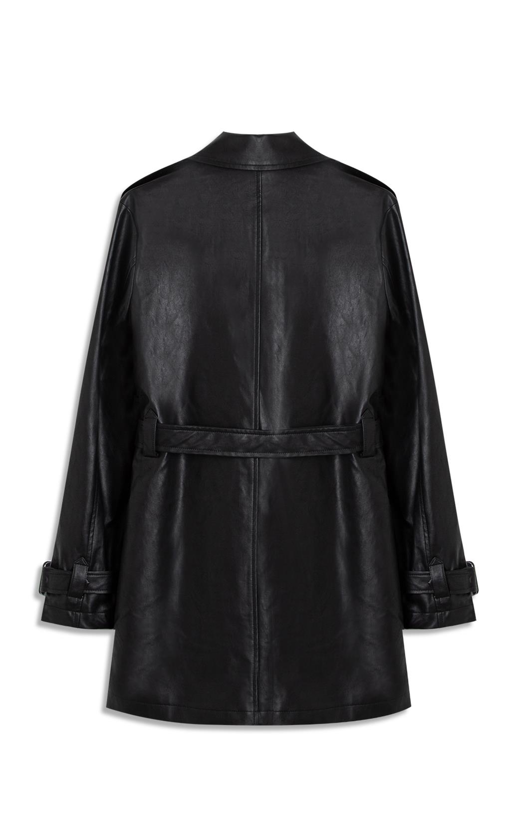 Sobretudo Vegan Leather Trench Coat Double Breaste Preto