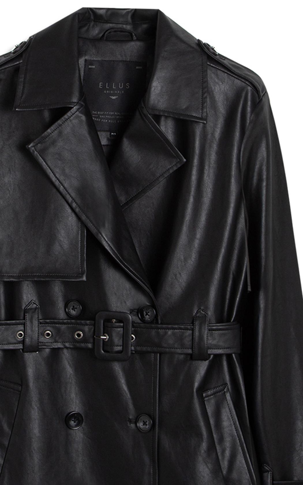 Sobretudo Vegan Leather Trench Coat Double Breaste Preto