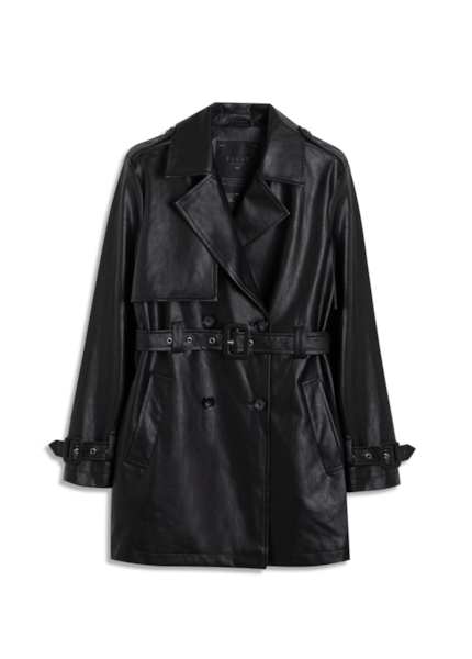 Sobretudo Vegan Leather Trench Coat Double Breaste Preto