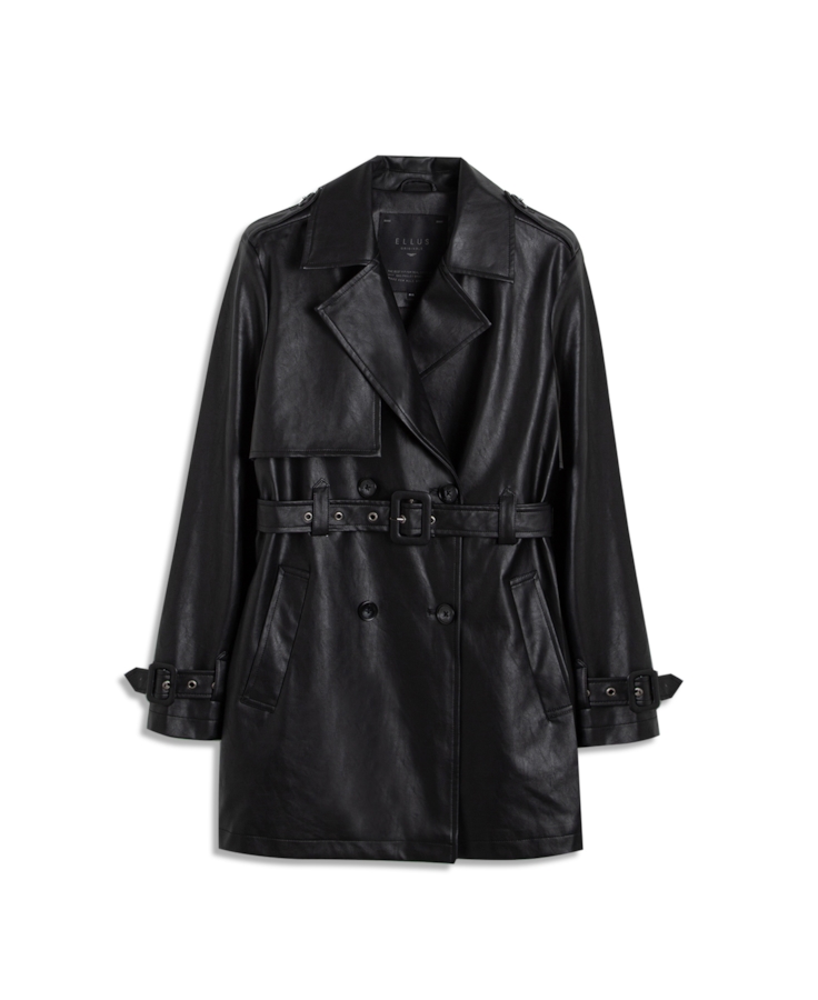 Sobretudo Vegan Leather Trench Coat Double Breaste Preto