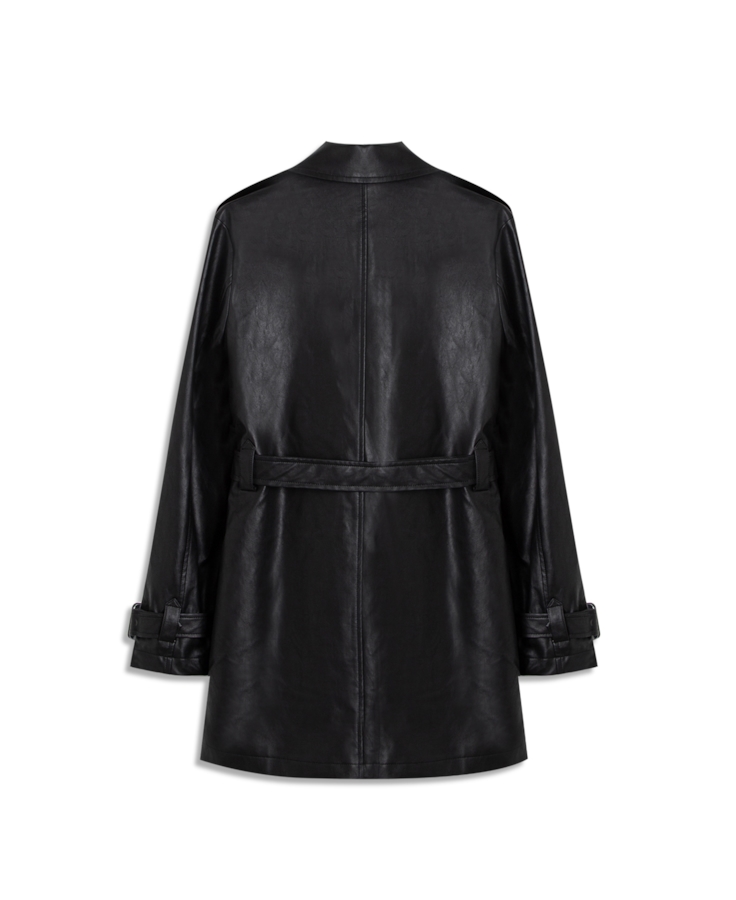 Sobretudo Vegan Leather Trench Coat Double Breaste Preto