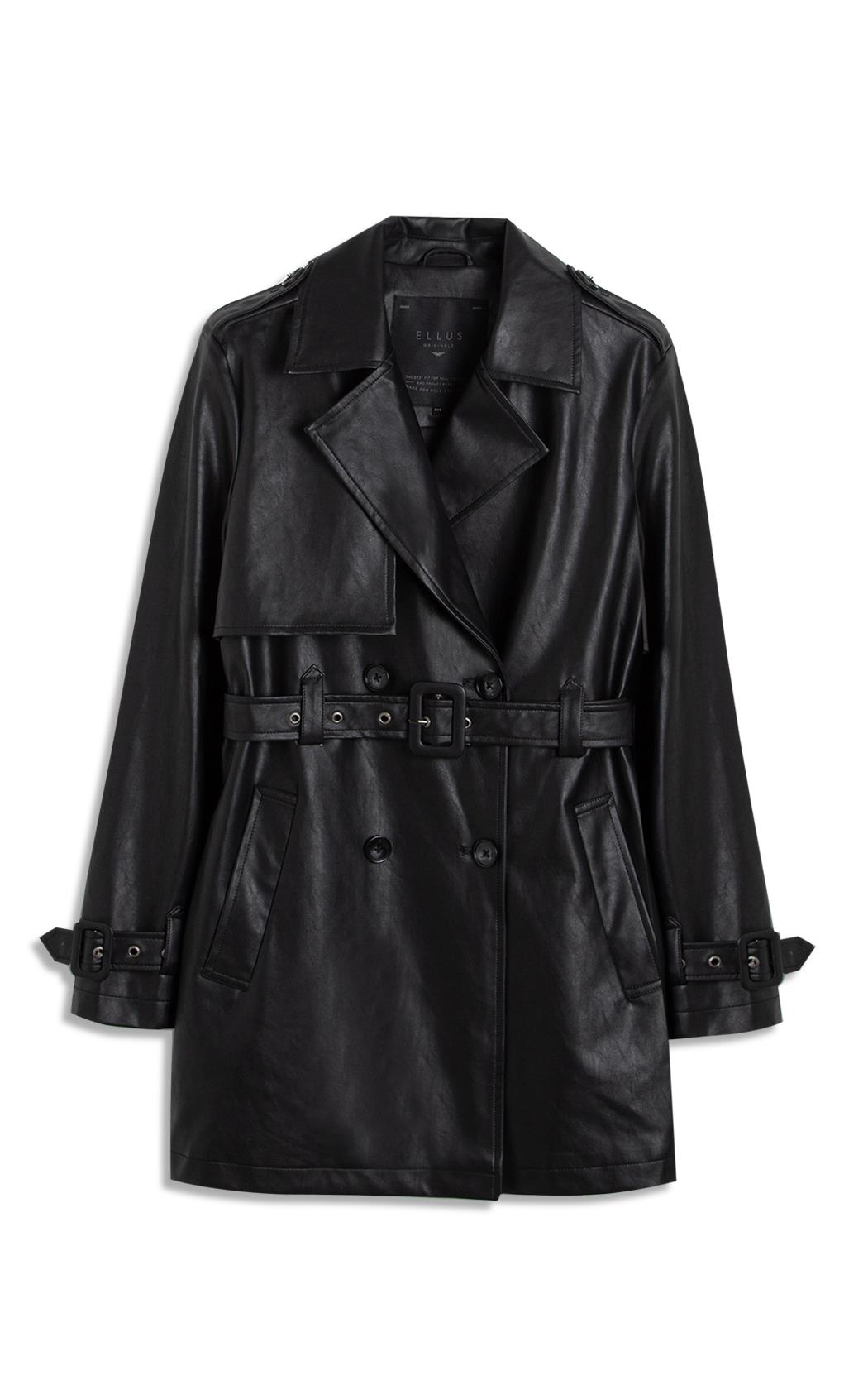 Sobretudo Vegan Leather Trench Coat Double Breaste Preto