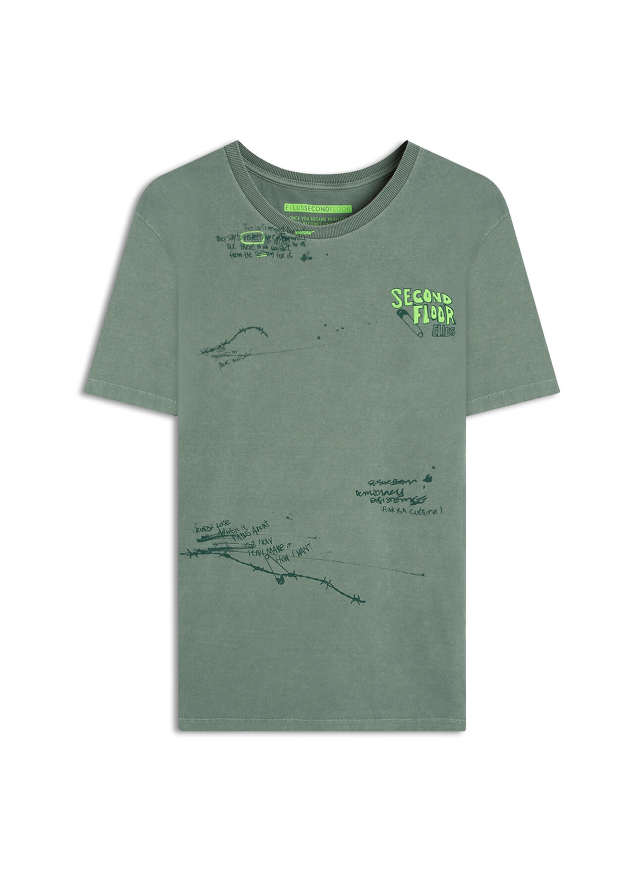 T-Shirt  Washed 2nd Punk Texts Verde Army