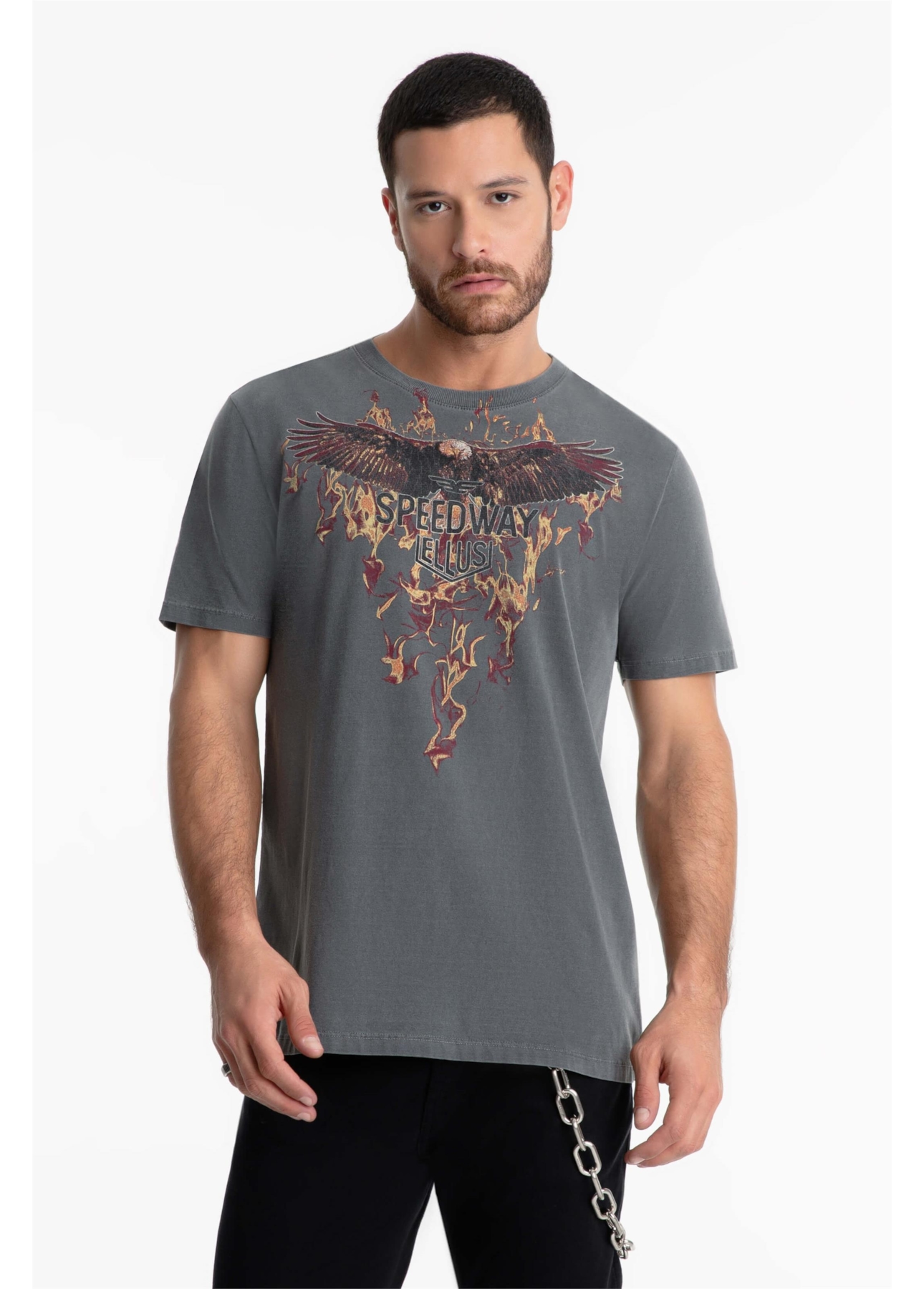T-Shirt Washed Speedway Flames Cinza