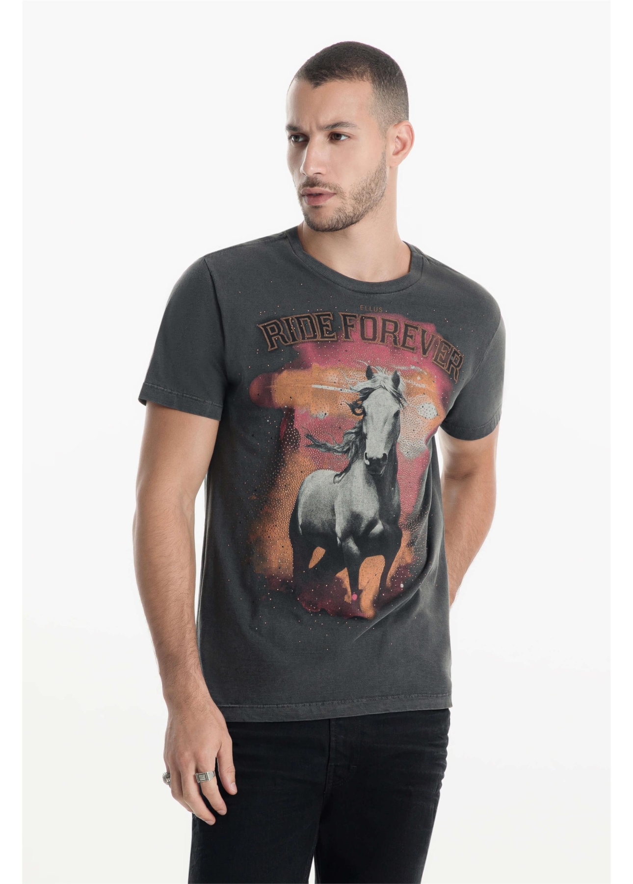 T-Shirt Washed White Horse Preto