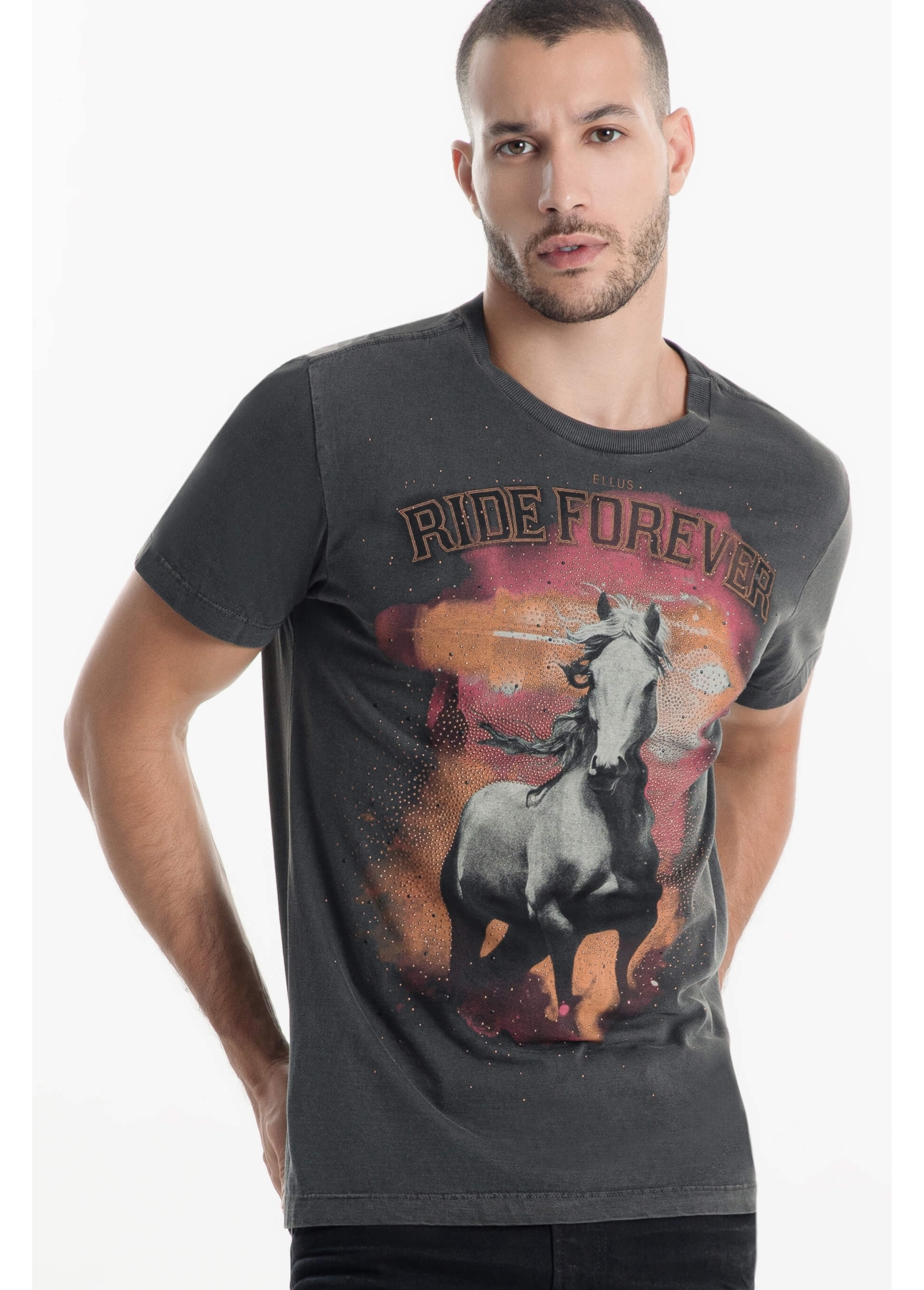 T-Shirt Washed White Horse Preto