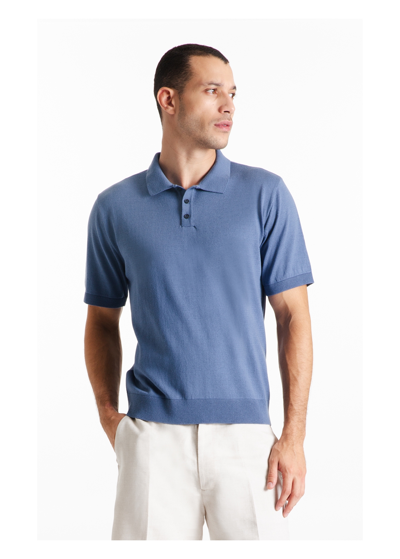Tricot Cotton Blend Polo Mc Azul Jeans