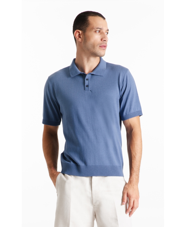 Tricot Cotton Blend Polo Mc Azul Jeans