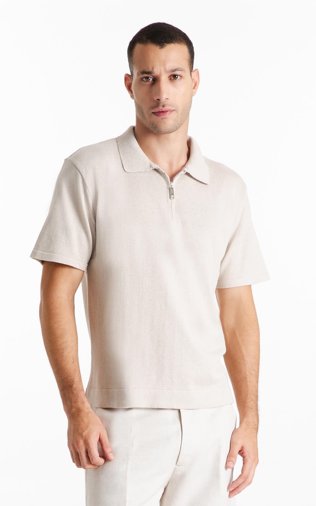 Tricot Cotton Blend Polo Zíper Mc Areia