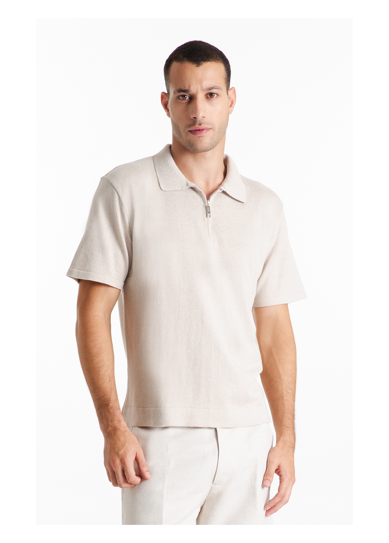 Tricot Cotton Blend Polo Zíper Mc Areia
