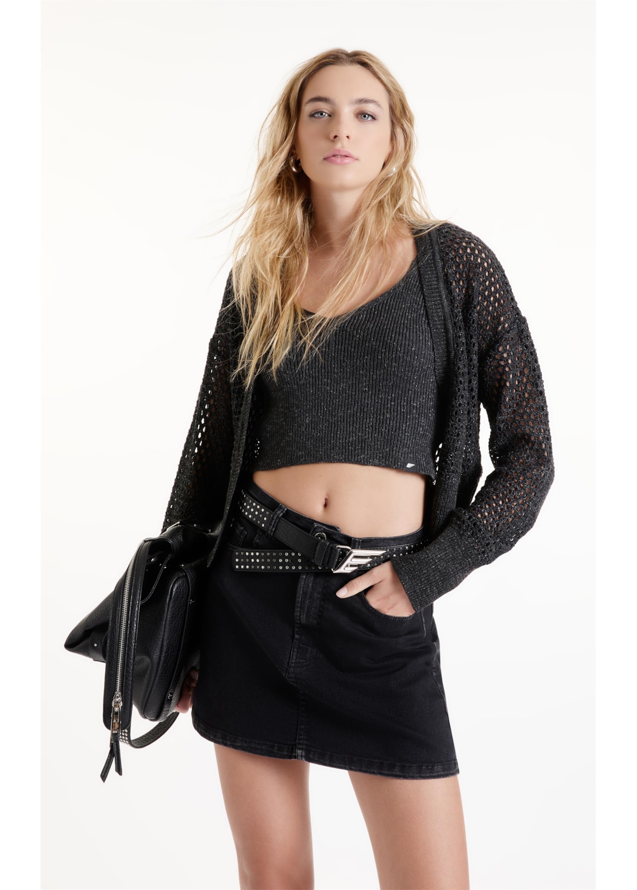 Tricot Flamme Cardigan Fishnet Chumbo Mescla