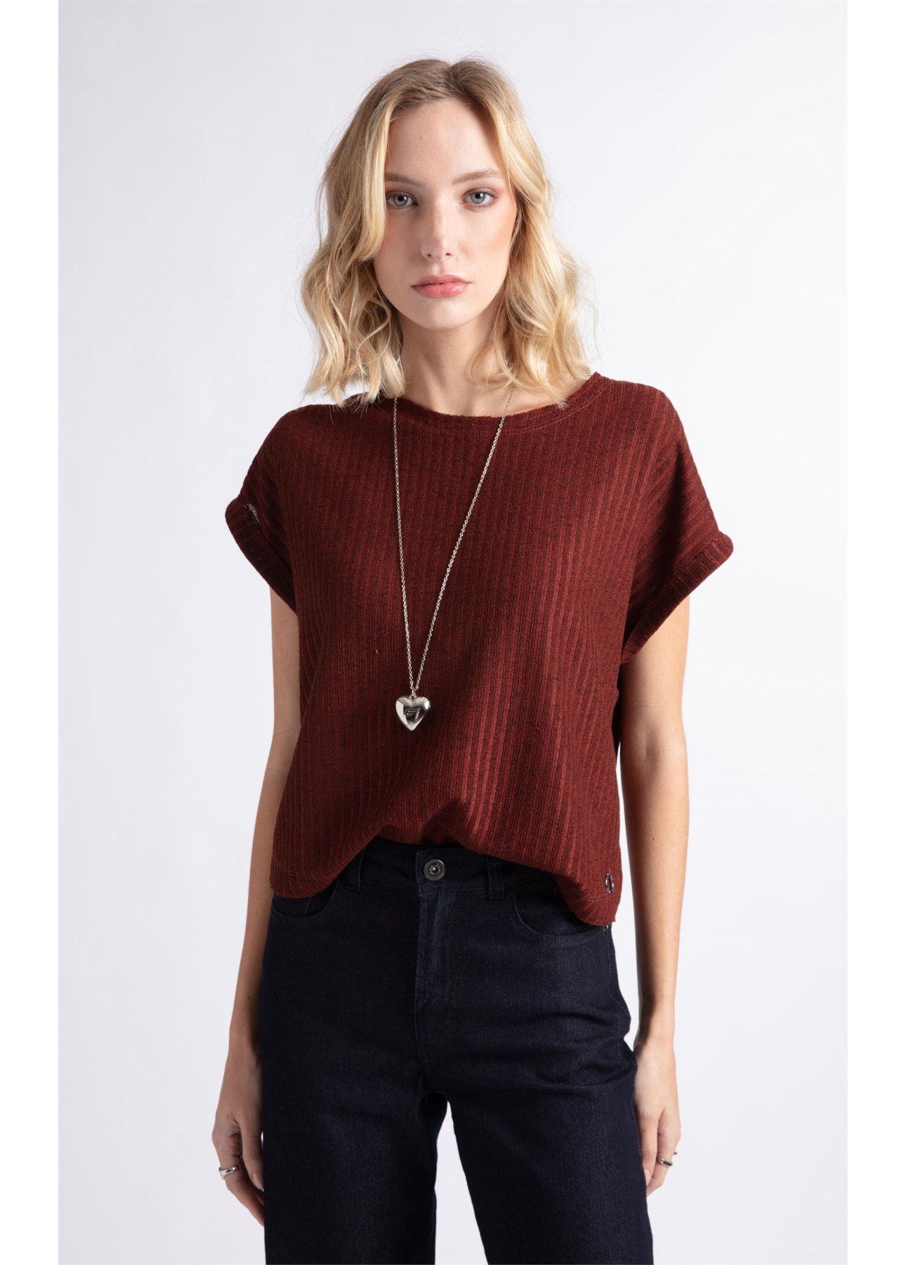 Tricot Lino Folded Sleeves Tee Bordeaux