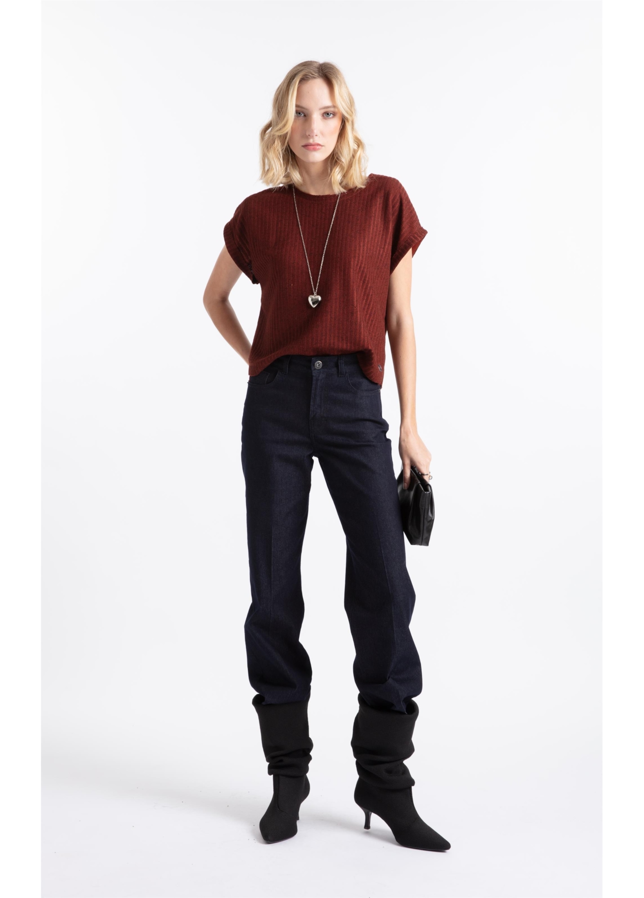 Tricot Lino Folded Sleeves Tee Bordeaux