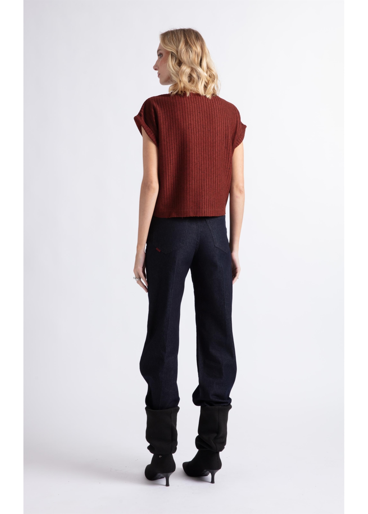 Tricot Lino Folded Sleeves Tee Bordeaux