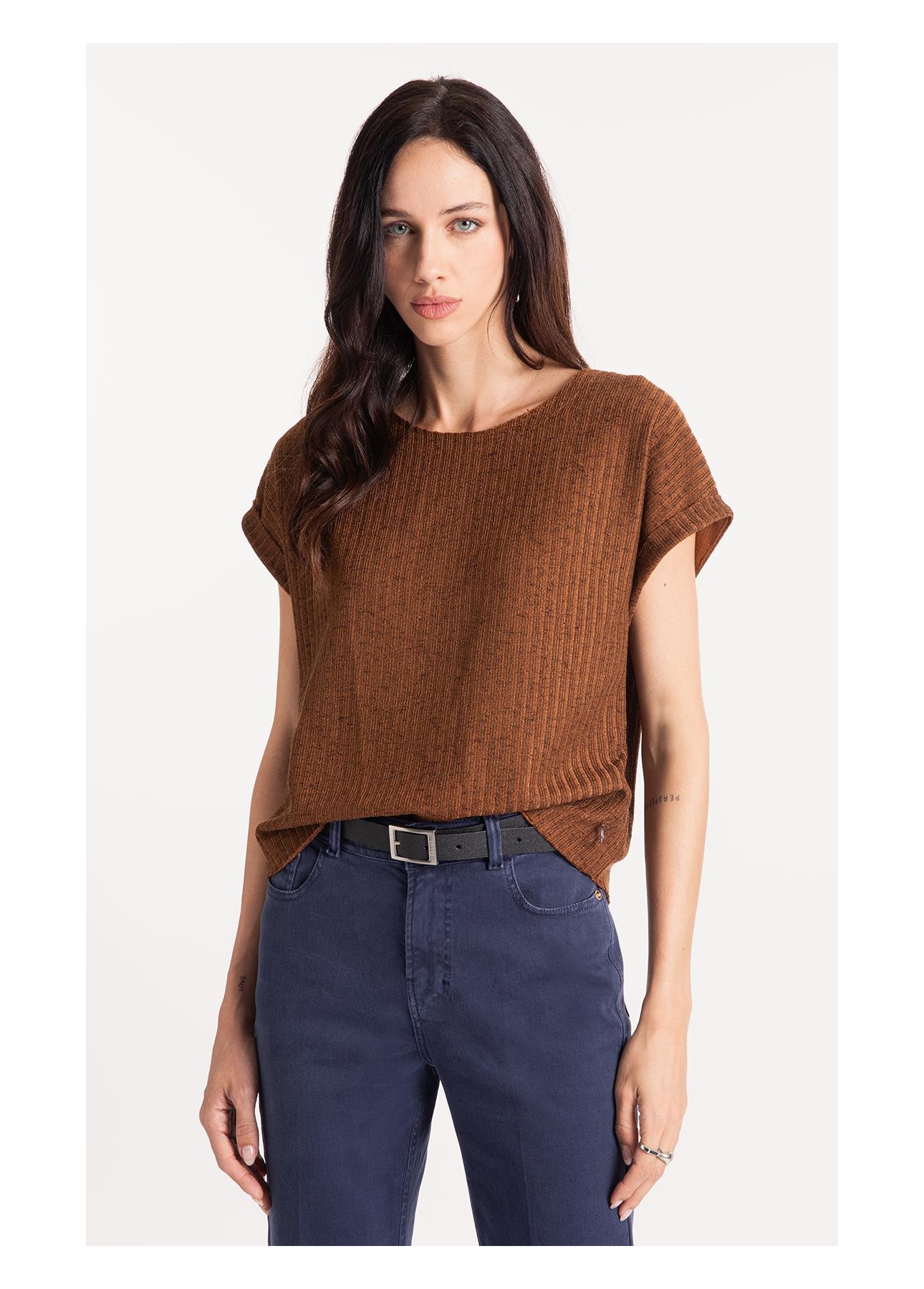 Tricot Lino Folded Sleeves Tee Marrom