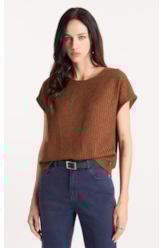 Tricot Lino Folded Sleeves Tee Marrom