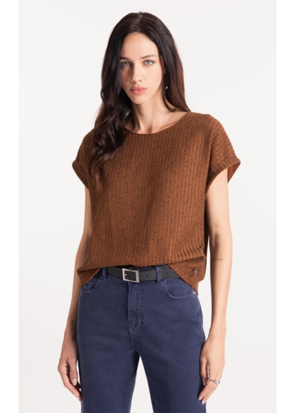 Tricot Lino Folded Sleeves Tee Marrom