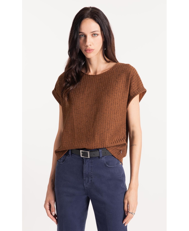 Tricot Lino Folded Sleeves Tee Marrom