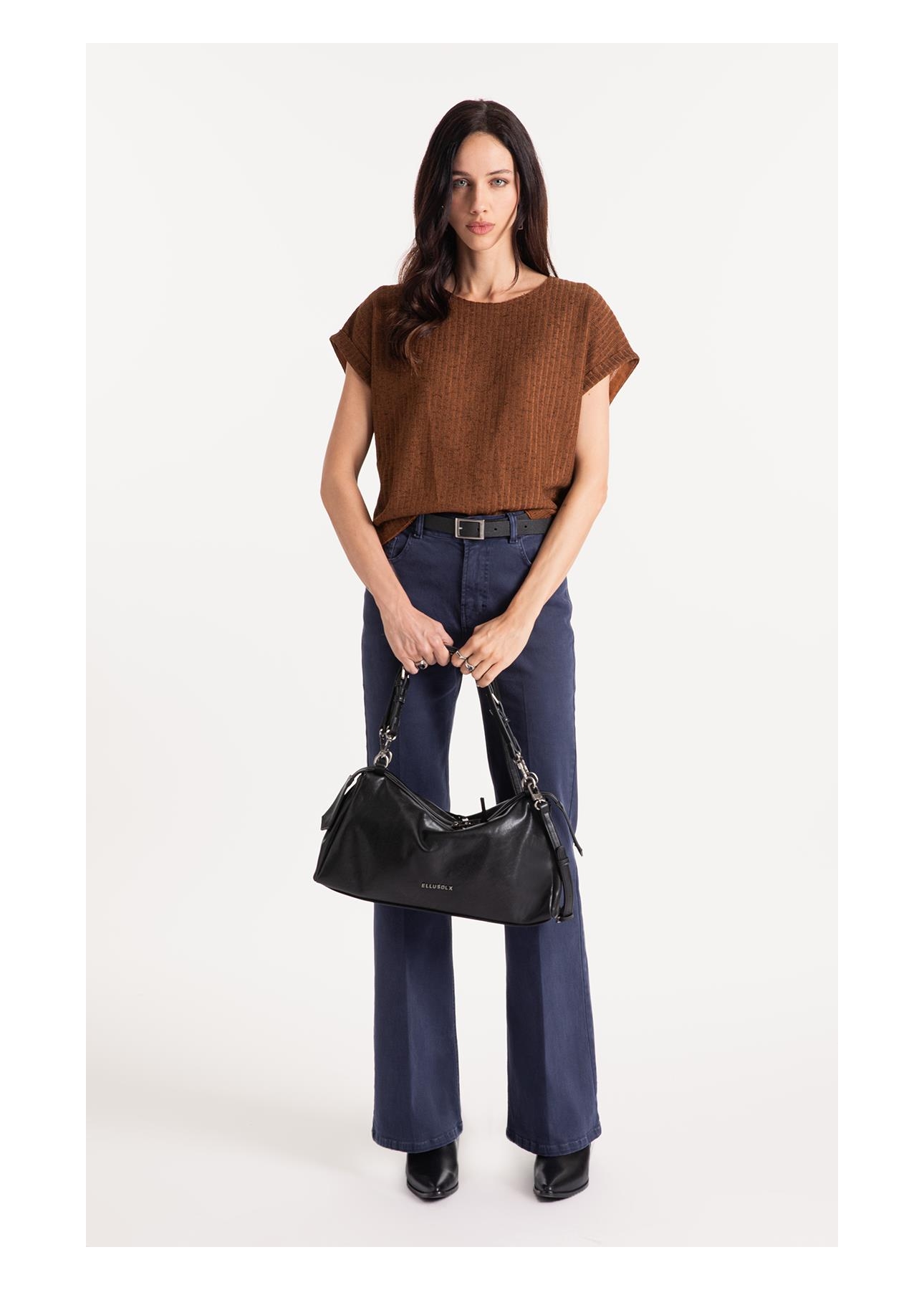 Tricot Lino Folded Sleeves Tee Marrom