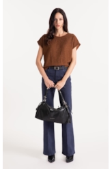 Tricot Lino Folded Sleeves Tee Marrom