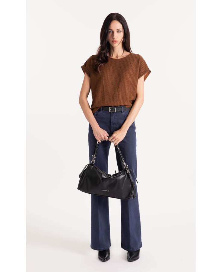 Tricot Lino Folded Sleeves Tee Marrom