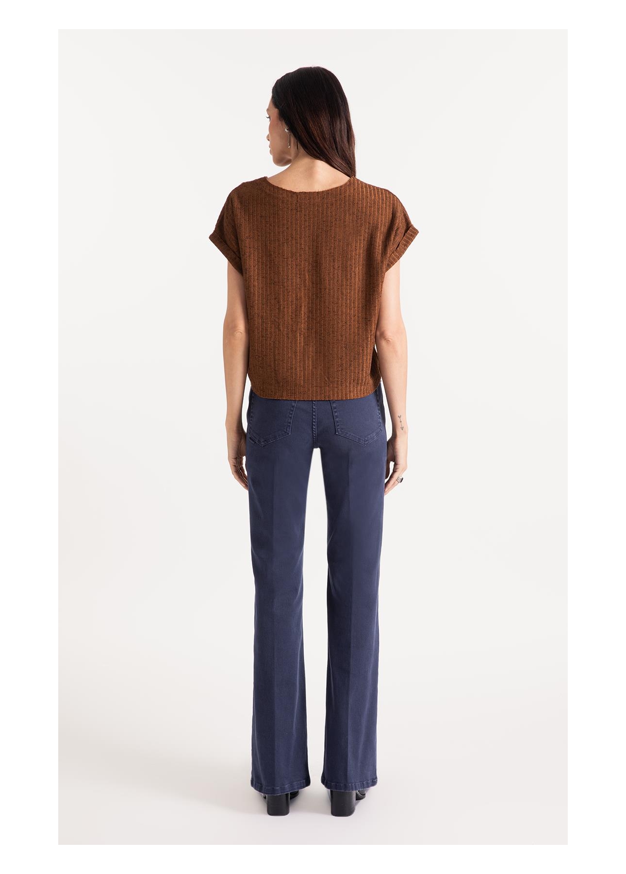 Tricot Lino Folded Sleeves Tee Marrom