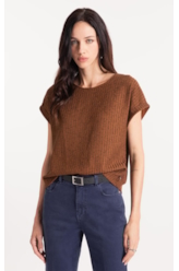 Tricot Lino Folded Sleeves Tee Marrom
