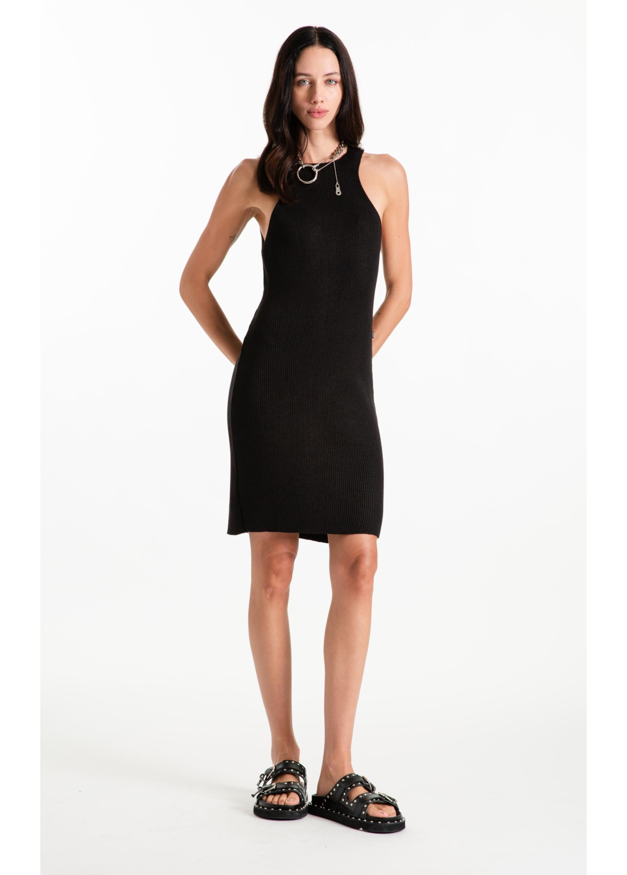 Tricot Power Knit Dress Ribbed Sleeveless Preto