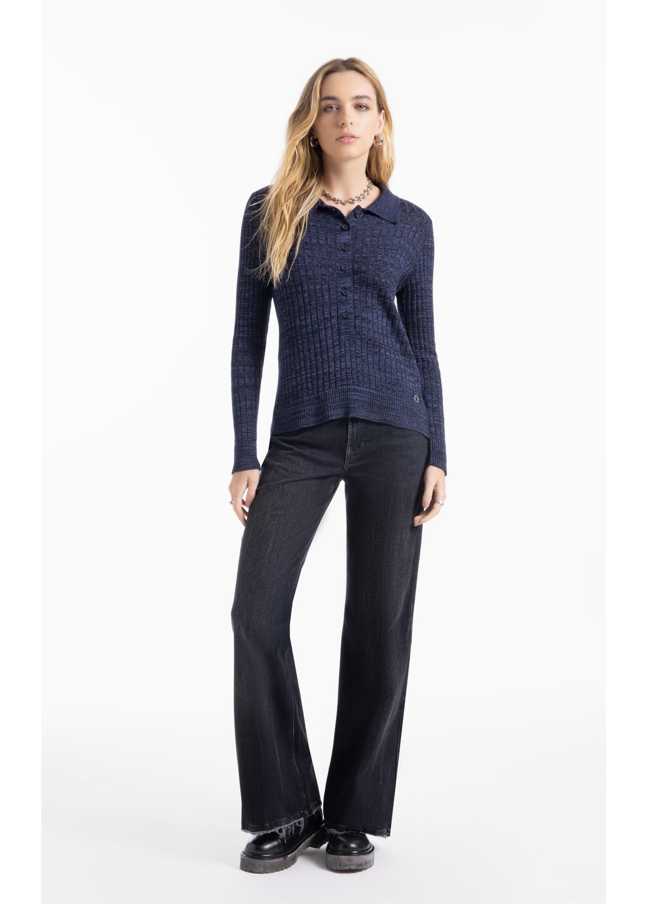 Tricot Visco Polo Ribbed Knit Dark Navy